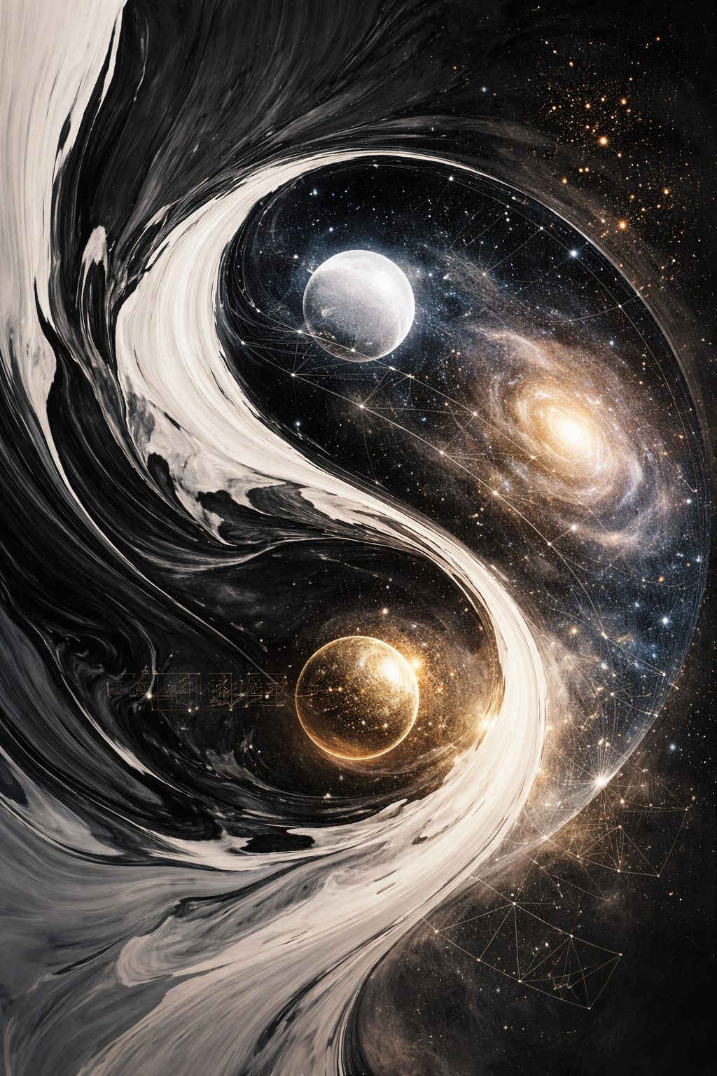Abstract illustration of a yin-yang shape formed by a galaxy and swirling liquid
